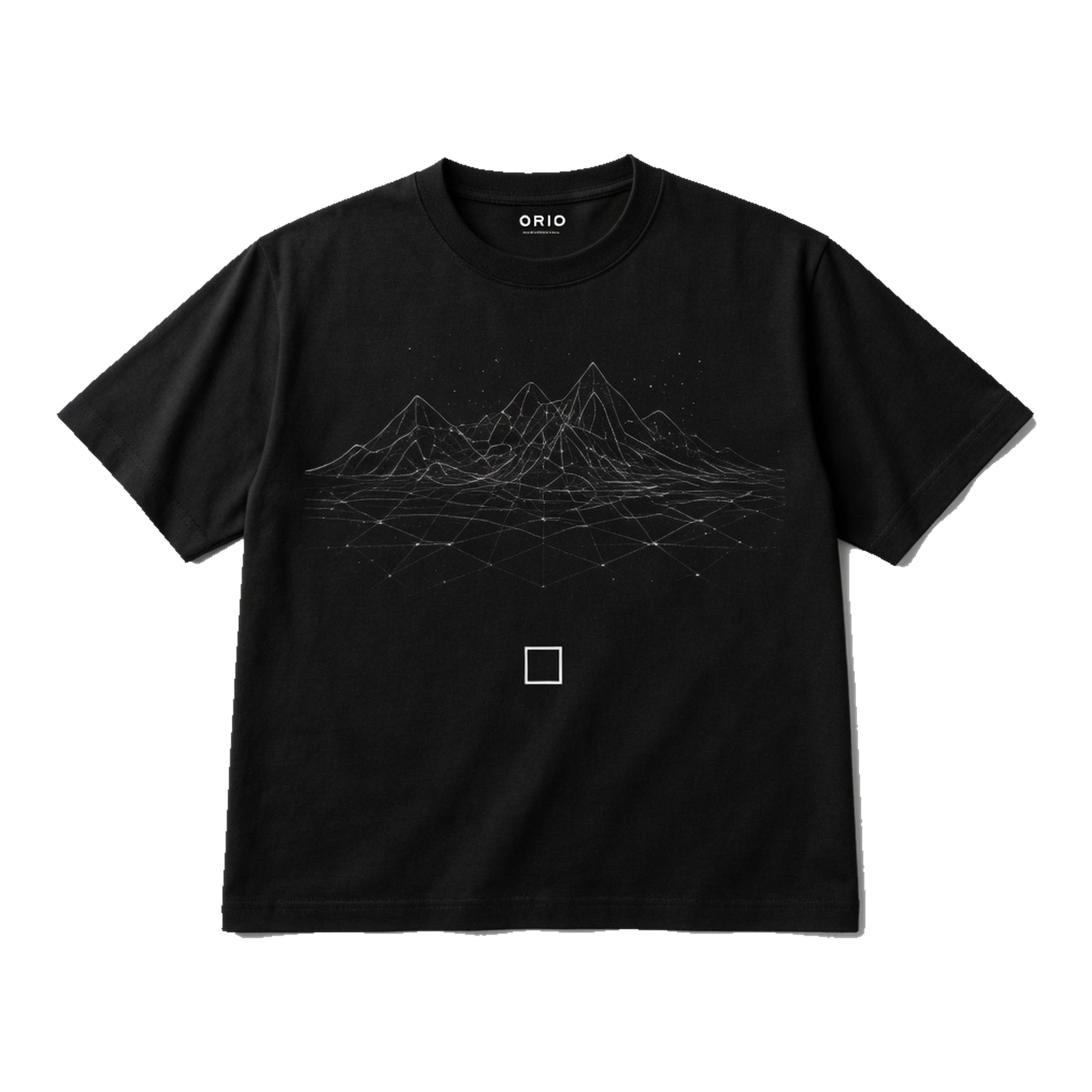 GRID Terrain tee — wireframe mountain landscape.